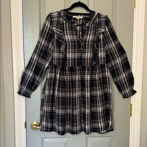 LOFT Navy and White Plaid Long-Sleeve Tie-Front Dress